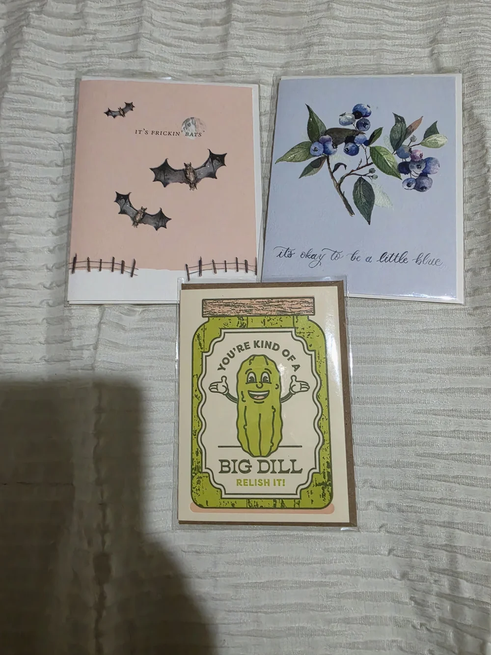 Assorted Greeting Card Trio - Pink Bat, Blue Berry, Green Pickle